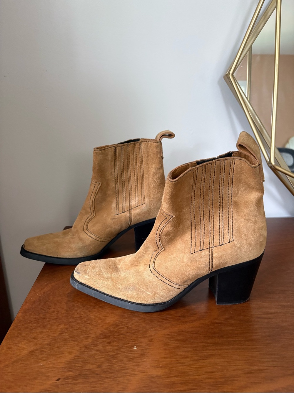 Ganni Brown Suede Tan Western Ankle Boots